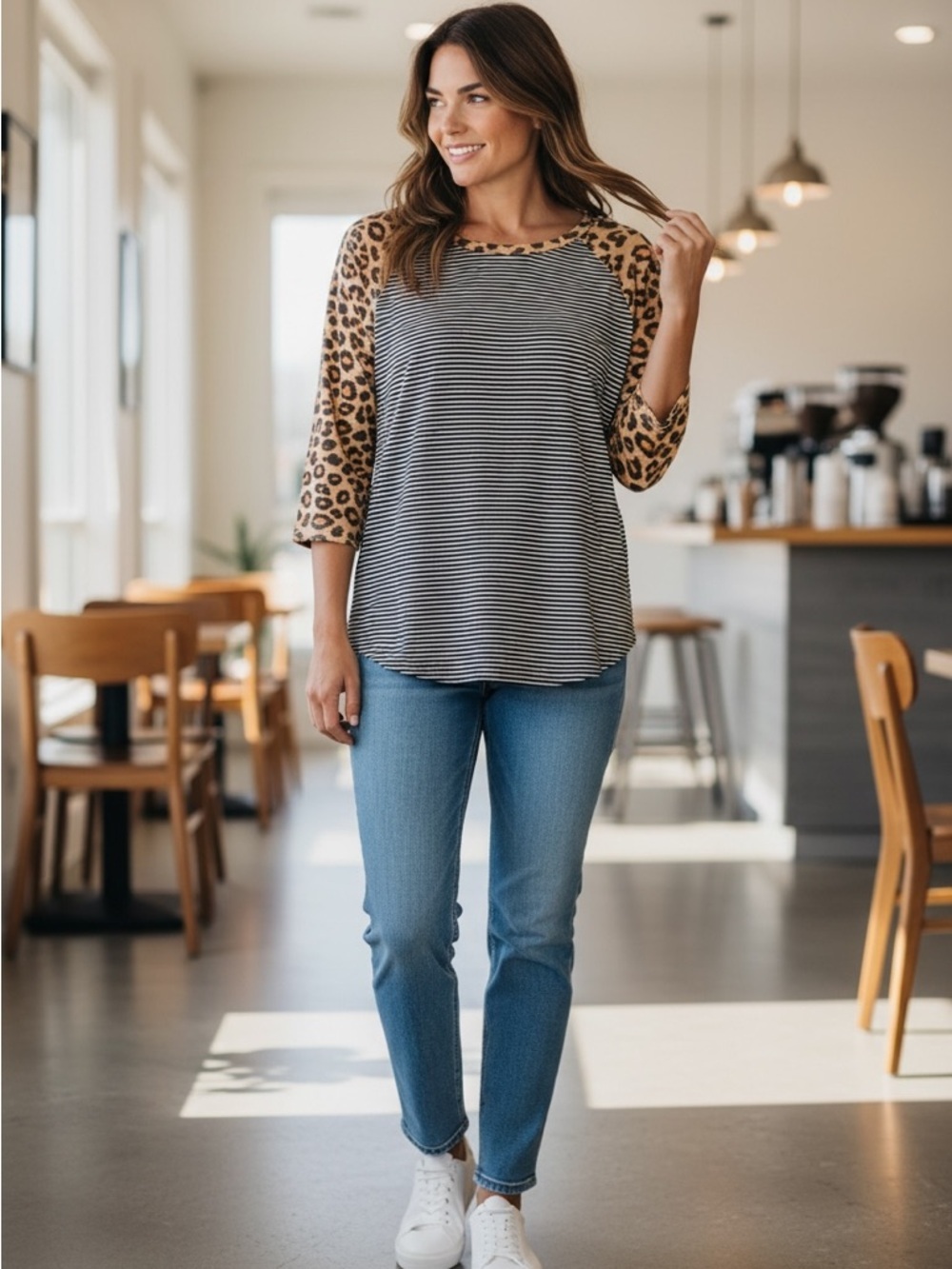 Maurices 24/7 Leopard Sleeve Striped Raglan Top XL Soft Stretch Casual